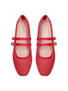 Fishnet Mesh Ballet Flats Slip On Double Buckle Strap Square Toe